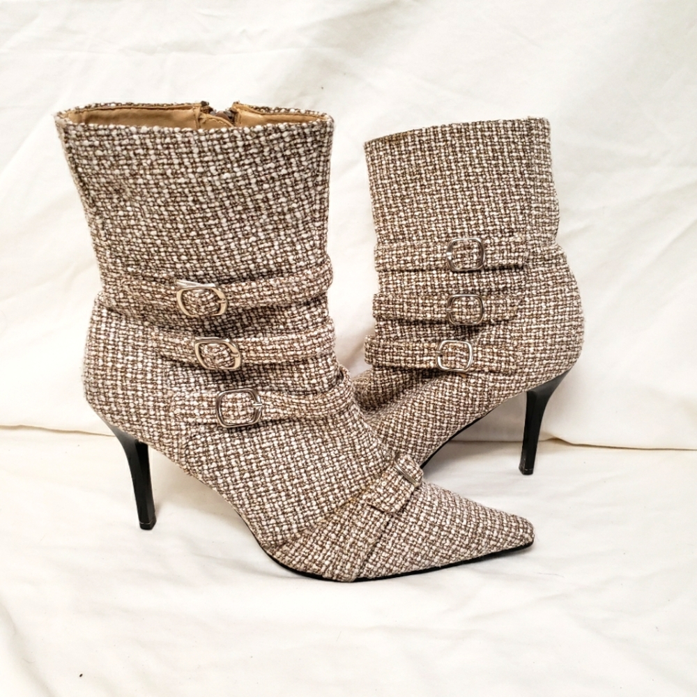 Florentine Ankle Boots Tweed Biege High Heel Silver Buckles Woman Size 7